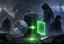 A physical game disc and stacked game cases point toward a glowing digital license beside a dark fantasy game scene.