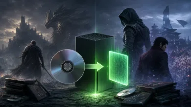 A physical game disc and stacked game cases point toward a glowing digital license beside a dark fantasy game scene.