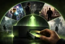 A hand places a game disc into a black Xbox console as an upward arrow and game scenes suggest transfer to a digital library