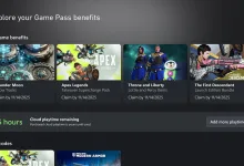 Xbox Game Pass benefits screen showing five hours of cloud playtime remaining and an option to add more playtime.