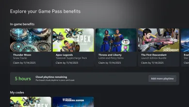Xbox Game Pass benefits screen showing five hours of cloud playtime remaining and an option to add more playtime.