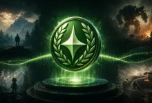 Green Xbox Mythic Achievement badge featuring a pale four-pointed star within a laurel wreath, glowing above a pedestal.