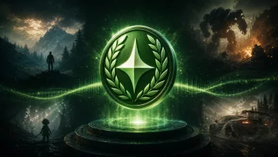 Green Xbox Mythic Achievement badge featuring a pale four-pointed star within a laurel wreath, glowing above a pedestal.