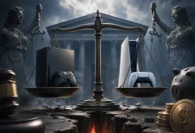 Xbox and PlayStation consoles balance on courtroom scales beside a gavel and coins.