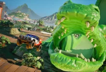 A large green crocodile faces an off-road vehicle in a bright outdoor game environment