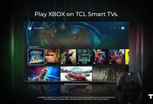 A TCL Smart TV displays the XBOX cloud gaming app with game tiles, with an XBOX controller in front.