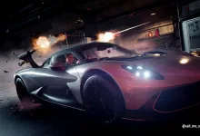 James Bond drives an Aston Martin through a firefight, with gunfire erupting around the car.