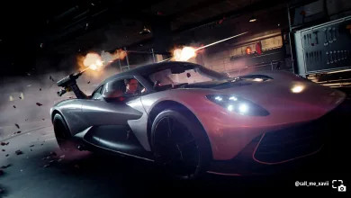 James Bond drives an Aston Martin through a firefight, with gunfire erupting around the car.