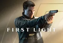 Young James Bond aims a pistol against a gold-toned background in 007 First Light artwork.