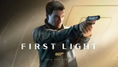 Young James Bond aims a pistol against a gold-toned background in 007 First Light artwork.