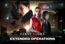 007 First Light artwork showing three agents, a sports car, and an action scene from Extended Operations