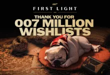 Jack the bulldog sleeps on a cushion wearing a Union Jack scarf in 007 First Light’s 7-million-wishlist celebration artwork.