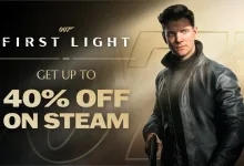 Young James Bond holds a pistol beside a graphic advertising up to 40% off 007 First Light on Steam.