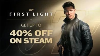 Young James Bond holds a pistol beside a graphic advertising up to 40% off 007 First Light on Steam.