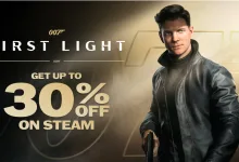 Young James Bond stands with a pistol beside text promoting up to 30% off 007 First Light on Steam.