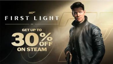 Young James Bond stands with a pistol beside text promoting up to 30% off 007 First Light on Steam.