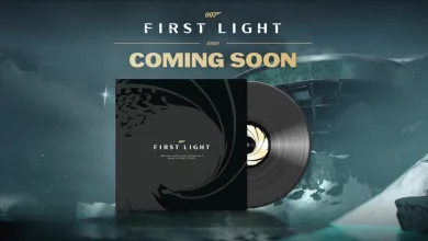 A 007 First Light soundtrack sleeve and vinyl record beneath a Coming Soon announcement.