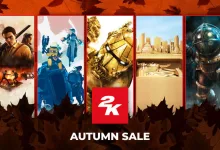 2K Autumn Sale artwork with five game panels against an autumn leaf background, including Borderlands 4 imagery on the right