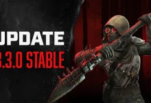 A masked survivor holds a spiked melee weapon against a dark red background beside the V3.3.0 Stable update title.