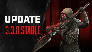 A masked survivor holds a spiked melee weapon against a dark red background beside the V3.3.0 Stable update title.