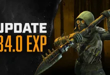 Masked survivor holding a spiked weapon beside the V3.4.0 EXP update title.