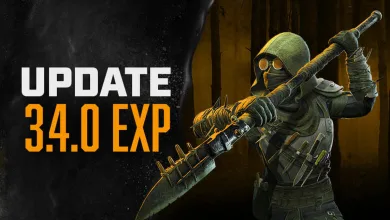 Masked survivor holding a spiked weapon beside the V3.4.0 EXP update title.