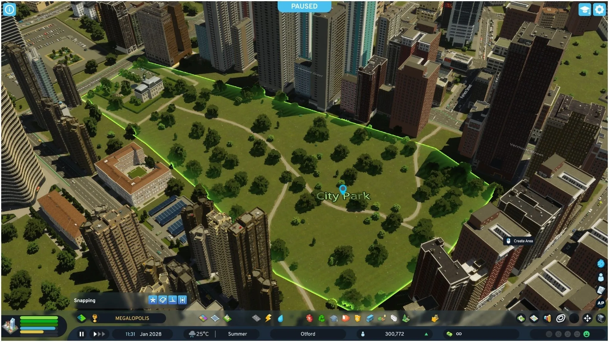 A City Park district outlined in green among city buildings