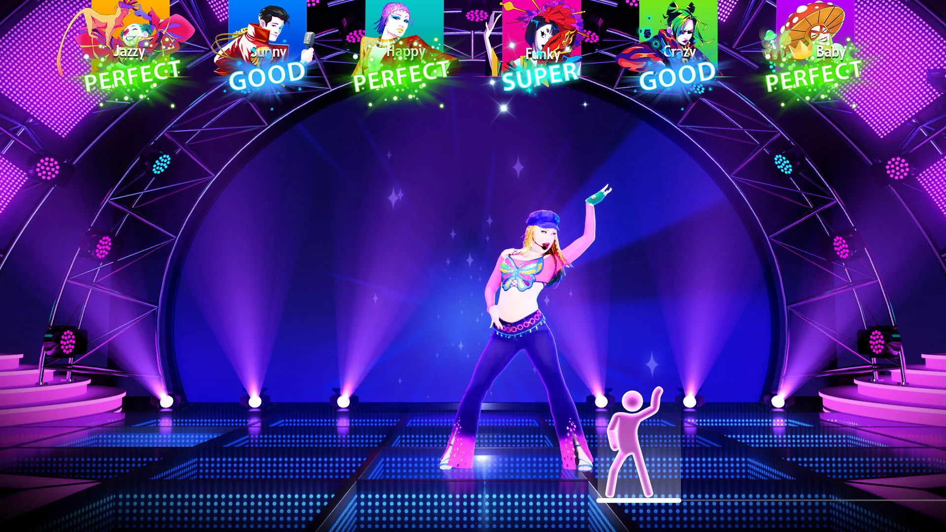 A dancer performs on a lit stage as score grades appear across the top