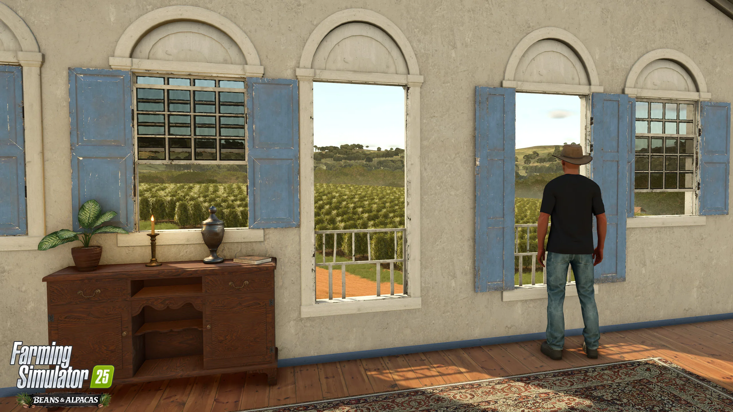A farmer standing beside open shutters inside a farmhouse