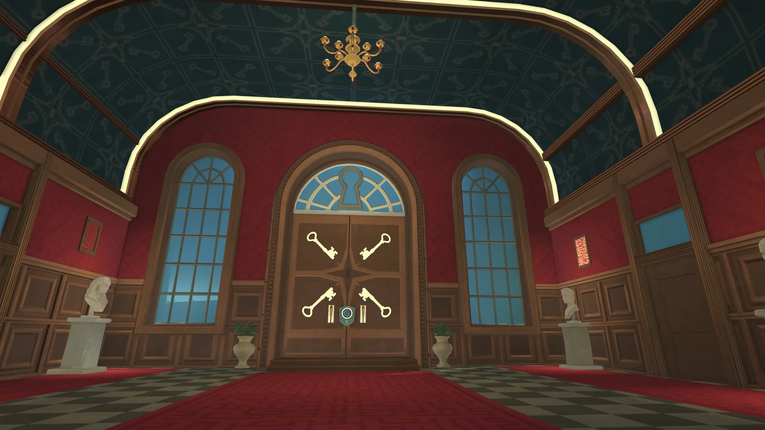 A large set of doors decorated with keyhole and key designs inside the Academy.