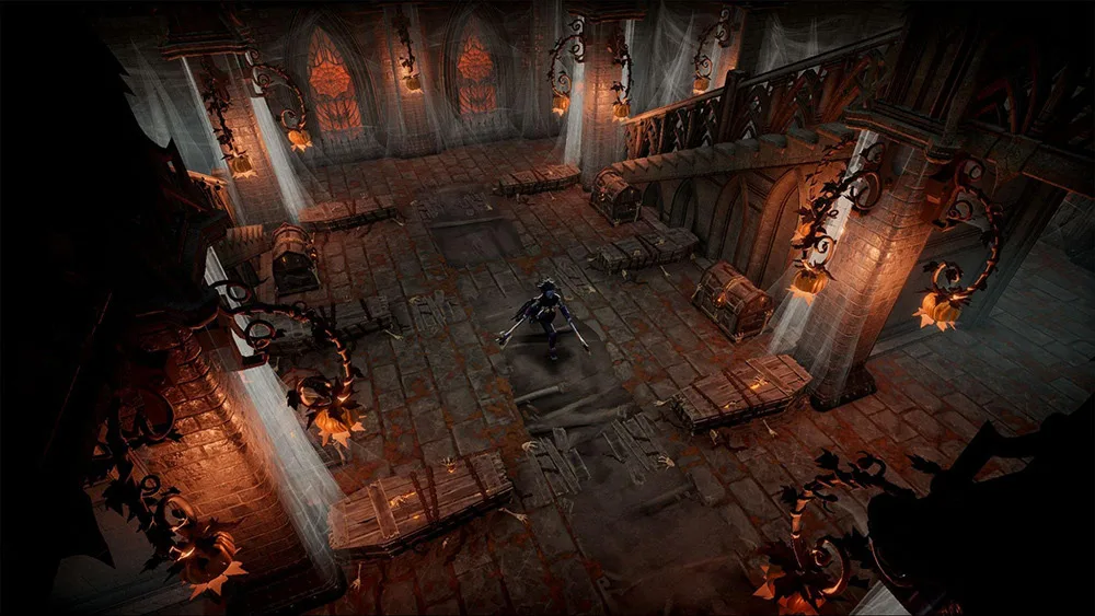 A V Rising character in a castle hall decorated with Halloween furnishings.