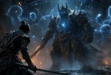 A player with a sword confronts a towering armored boss surrounded by glowing blue data-like projections.