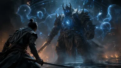 A player with a sword confronts a towering armored boss surrounded by glowing blue data-like projections.