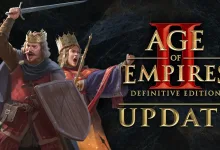 A crowned warrior raises a sword beside a woman warrior on dark update artwork.