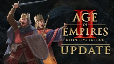A crowned warrior raises a sword beside a woman warrior on dark update artwork.