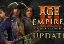 Three illustrated characters beside the Age of Empires III: Definitive Edition Update title.