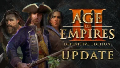 Three illustrated characters beside the Age of Empires III: Definitive Edition Update title.