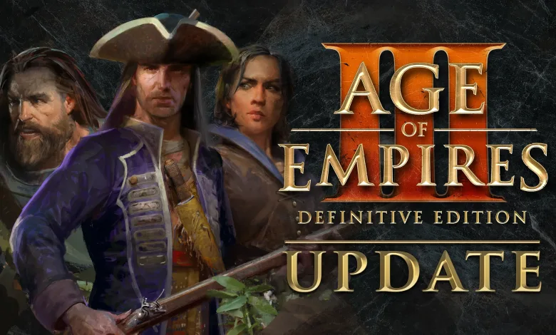 Three illustrated characters beside the Age of Empires III: Definitive Edition Update title.