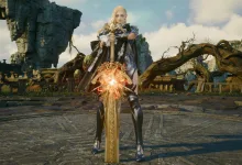 A blonde warrior stands with a large greatsword in a stone courtyard in AION 2.