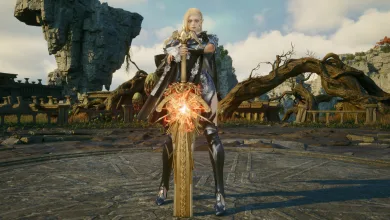 A blonde warrior stands with a large greatsword in a stone courtyard in AION 2.