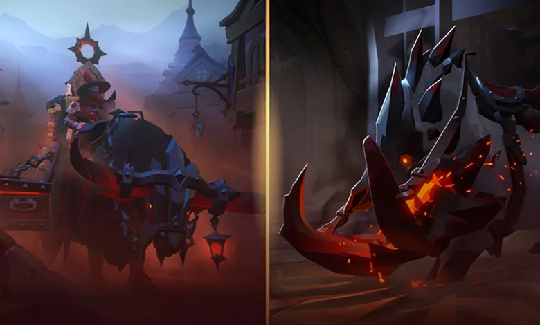 A rider on a dark mount and an armored, spiked mount shown in two panels.