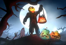 A pumpkin-headed figure stands beside glowing jack-o'-lanterns in a moonlit forest.