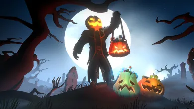 A pumpkin-headed figure stands beside glowing jack-o'-lanterns in a moonlit forest.