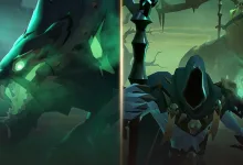 A glowing green spectral direwolf looms beside a hooded, armored figure in a dark fantasy scene.