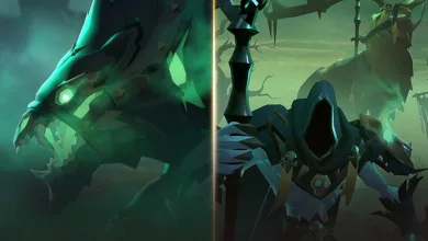 A glowing green spectral direwolf looms beside a hooded, armored figure in a dark fantasy scene.