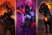Triptych showing a fiery armored creature, a hooded warrior, and a black horse with glowing orange accents.