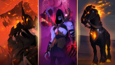 Triptych showing a fiery armored creature, a hooded warrior, and a black horse with glowing orange accents.