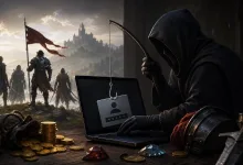 A hooded figure hooks a login card toward a laptop while armored fantasy adventurers and gold coins appear nearby.