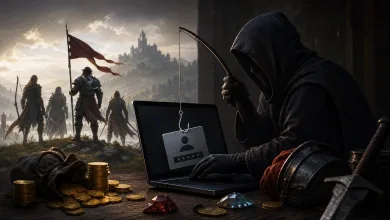 A hooded figure hooks a login card toward a laptop while armored fantasy adventurers and gold coins appear nearby.