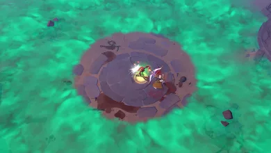 Two Albion Online characters clash on a circular stone platform surrounded by green terrain.